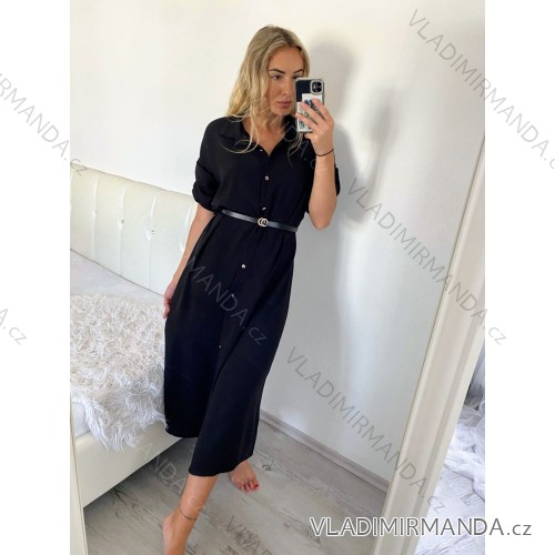 Šaty košeľové s opaskom dlhý rukáv dámske nadrozmer (L/XL ONE SIZE) TALIANSKA MÓDA IMC24077/DU -   čierna
 -   L/XL