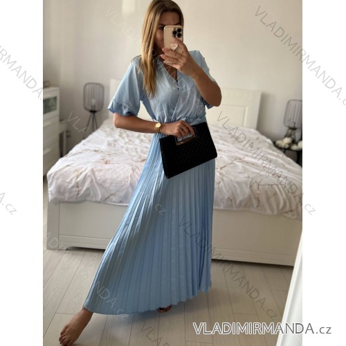 Šaty dlhé elegantné saténové skladané krátky rukáv dámske (S/M/L ONE SIZE) TALIANSKA MÓDA IMWCL24146/DU - svetlo modrá - S/M