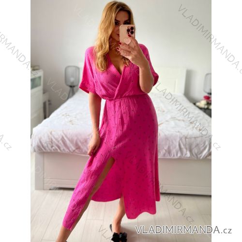 Šaty dlhé letné krátky rukáv mušelín dámske (S/M/L ONE SIZE) TALIANSKA MÓDA IMWA24198/DU S / M tmavo ružová