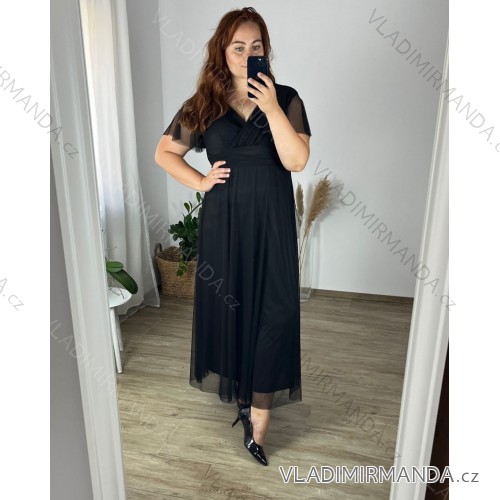 Šaty dlhé spoločenské krátky rukáv dámske nadrozmer (50/52 one size) TALIANSKA MÓDA IMPSH243589V/DR čierna 50/52
