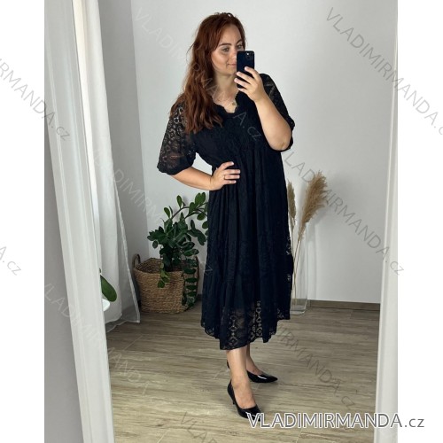 Šaty krajkové letné krátky rukáv dámske nadrozmer (56/58 ONE SIZE) TALIANSKA MODA IMSM24013/DR 56/58 čierna