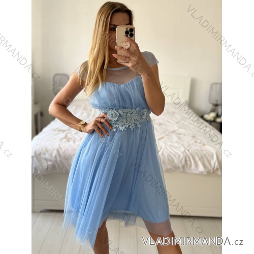 Šaty krátke spoločenské krátky rukáv dámske (S/M ONE SIZE) TALIANSKA MÓDA IMPSH249129/DU S / M svetlo modrá