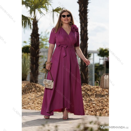 Šaty dlhé elegantný letný krátky rukáv dámske nadrozmer (36-46 ONE SIZE) POLSKÁ MÓDA PMLEL24ROSA2 fialová purpurová 38