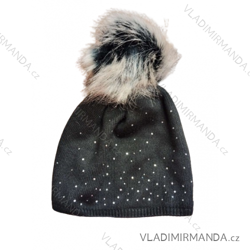 Čiapky zimné zateplená flaušom dámska s kamienkami (ONE SIZE) WOOLK POĽSKO PV419VERONA -   čierna
 -   ONE SIZE