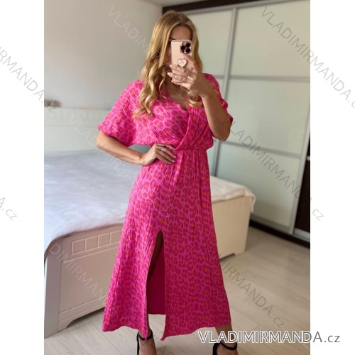 Šaty dlouhé letní mušelínové krátký rukáv dámské (S/M ONE SIZE) ITALSKÁ MÓDA IMWCH24569-4/DU S / M ružová