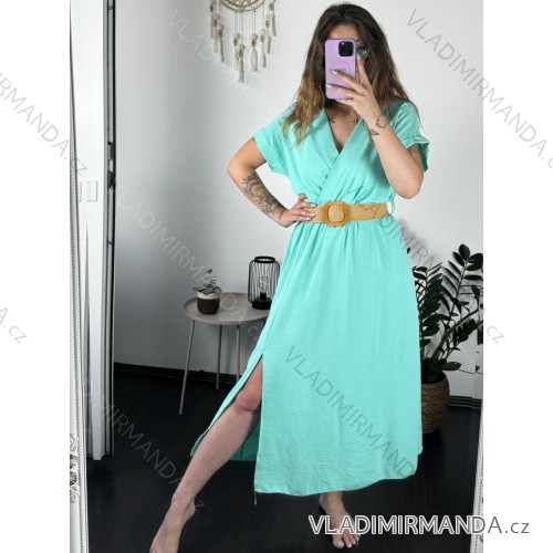 Šaty letné košeľové s opaskom krátky rukáv dámske (S/M/L ONE SIZE) TALIANSKA MóDA IM424486/DR modrá mintova M / L