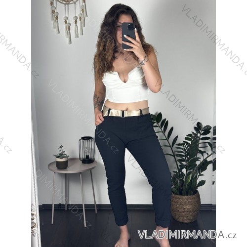 Nohavice dlhé strečové krčivé s opaskom dámske (S/M/L ONE SIZE) TALIANSKA MÓDA IMWKK24086/DR čierna M / L