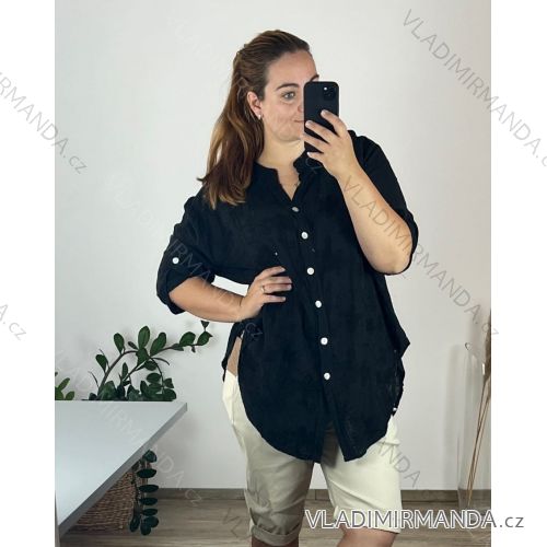 Košeľa bavlnená dlhý rukáv dámska nadrozměr (56/58 ONE SIZE) TALIANSKA MODA IMSM24032/DUR 56/58 čierna