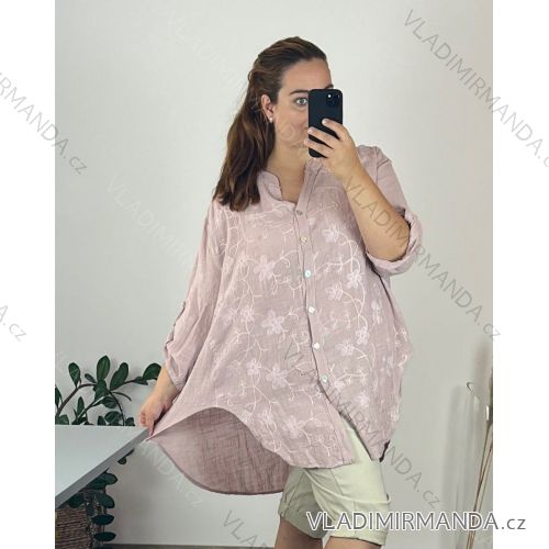 Košeľa bavlnená dlhý rukáv dámska nadrozměr (56/58 ONE SIZE) TALIANSKA MODA IMSM24032/DUR 56/58 ružová staroružová