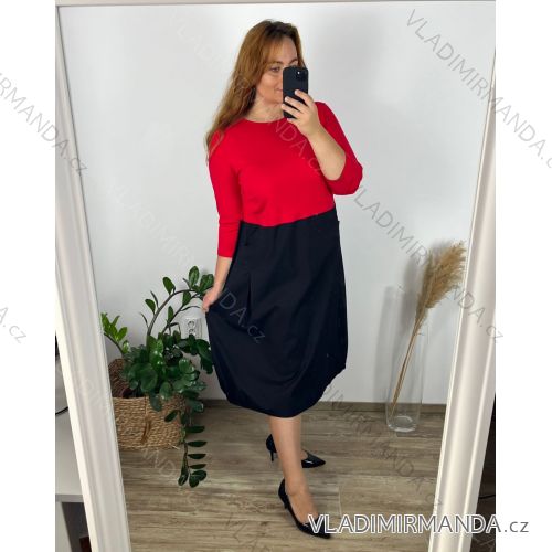 Šaty voľnočasové bavlnené 3/4 rukáv dámske nadrozmerné (40-50) POĽSKÁ MÓDA PMF24MARGARITAMIX/DUR 48 červená