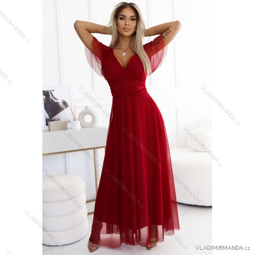 562-2 NASTIA Dlhé šaty s výstrihom a krátkymi rukávmi - bordové