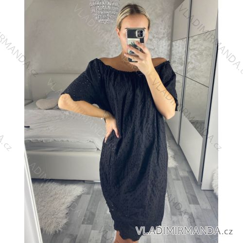 Šaty letné madeirové krátky rukáv dámske (S/M ONE SIZE) TALIANSKA MÓDA IM423271/DUR čierna S/M
