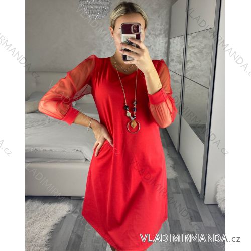 Šaty elegantné s príveskom dlhý rukáv dámske (S/M/L ONE SIZE) TALIANSKA MÓDA IM424NEKLESA/DR S/M/L červená