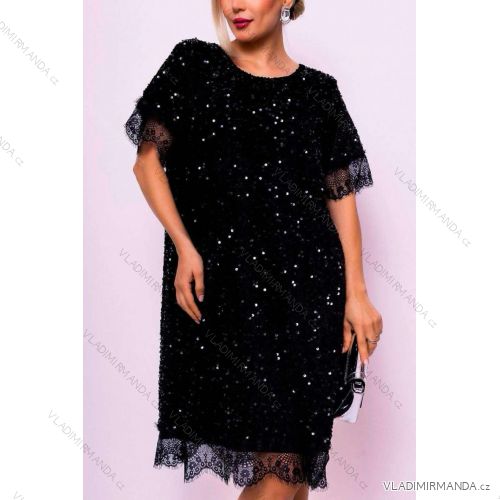 Šaty s flitrami teplejšie zdobené čipkou krátky rukáv dámske (42/44/46 onesize) Talianska moda IMWMY2439314