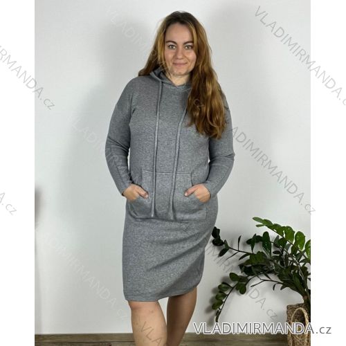 Šaty úpletové s kapucí dlhý rukáv dámske nadrozměr (44/46/48 ONE SIZE) TALIANSKÁ MÓDA IM724BASIC/DU 46/48 šedá