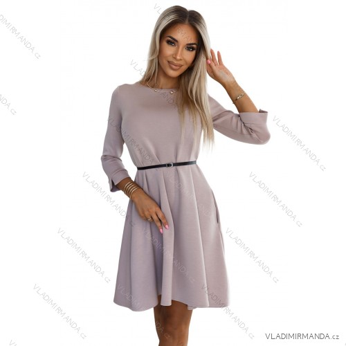 579-1 Klasické trapézové šaty s čiernym pásikom - béžové