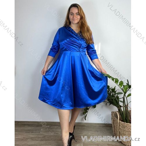 Šaty spoločenské saténové dlhý rukáv dámske nadrozmer (42/44/46 ONE SIZE) TALIANSKA MÓDA IM424690/DR 42/44 modrá kráľovská