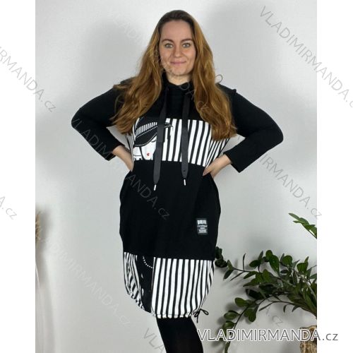 Šaty mikinové s kapucňou dlhý rukáv dámske nadrozmer (44/46/48 ONE SIZE) TALIANSKA MÓDA IM424695/DUR černá 46/48