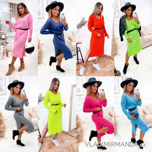 Šaty pletené s opaskom dlhý rukáv dámske (S/M/L ONE SIZE) TALIANSKA MÓDA IMWAK241401