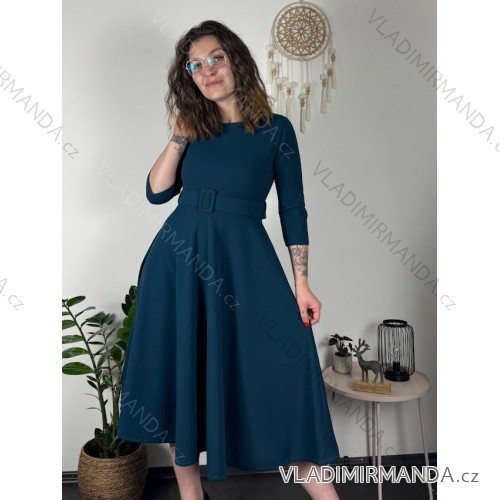 Šaty elegantné s opaskom dlhý rukáv dámske (S/M/L ONE SIZE) TALIANSKA MÓDA IM424802 modrá petrolejová S/M/L