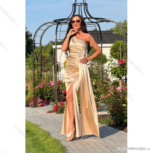Šaty dlhé saténové spoločenské bez rukávu dámske (34-46) POLSKÁ MÓDA PMLEL24LOREN-8 béžová 40