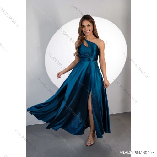 Šaty dlhé spoločenské saténové trblietavé bez rukávu dámske nadrozmer (34-44) POLSKÁ MÓDA PMLMR25JULIA5 modrá petrolejová 38