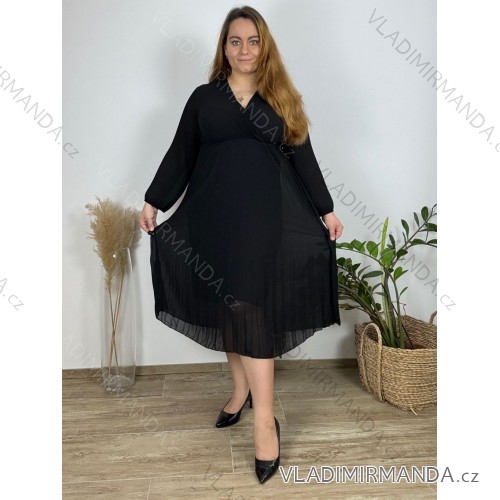 Šaty elegantné šifónové skladané dlhý rukáv dámske nadrozmer (48/50/52 ONE SIZE) TALIANSKA MÓDA IMWHA241445 čierna