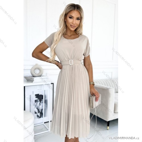 465-2 MIA Skladané midi šaty so širokým opaskom - béžové