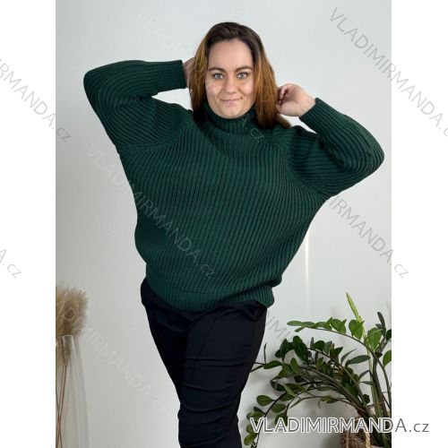 Sveter pletený dlhý rukáv dámsky nadrozmer (54/56/58 ONE SIZE) TALIANSKA MÓDA IMD22910/DU 54/56 tmavo smaragdová