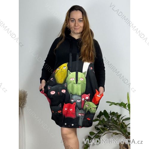 Šaty mikinové s kapucňou obrázkové dlhý rukáv dámske nadrozmer (54/56/58 ONE SIZE) TALIANSKA MÓDA IM424793-9/DUR 56/58 čierna