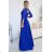 Šaty dlouhé elegantní společenské krajkové s výstřihem dlouhý rukáv  (S - 2XL) Polská móda- Royal blue 309-12 AMBER modrá kráľovská 5XL