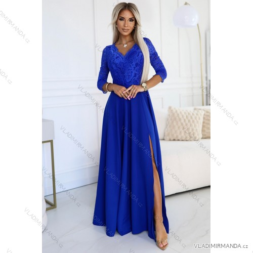 Šaty dlouhé elegantní společenské krajkové s výstřihem dlouhý rukáv  (S - 2XL) Polská móda- Royal blue 309-12 AMBER modrá kráľovská 5XL