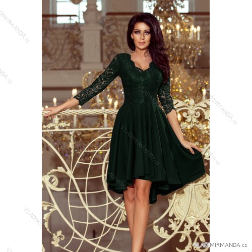 Šaty elegantné spoločenské s čipkou dlhý rukáv dámsky (S - 3XL) poľská moda 210-3 NICOLLE NMC-210-3/DR zelená smaragdová XL