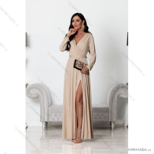Šaty dlhé elegantné trblietavé dlhý rukáv dámske (S-2XL) POLSKÁ MÓDA PMLEL24SALMAB6 béžová S