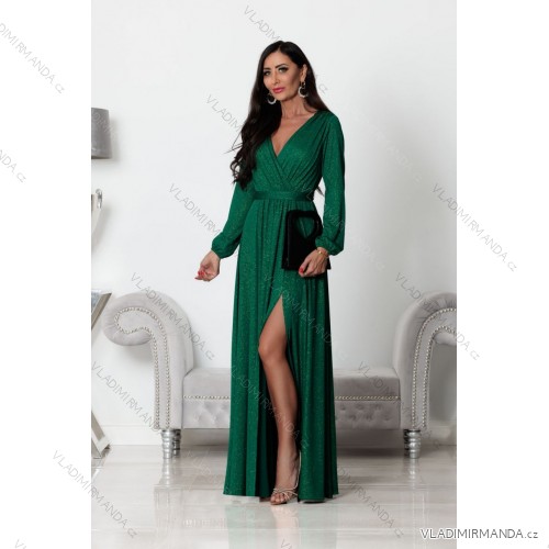 Šaty dlhé elegantné trblietavé dlhý rukáv dámske (S-2XL) POLSKÁ MÓDA PMLEL24SALMAB9 zelená XL