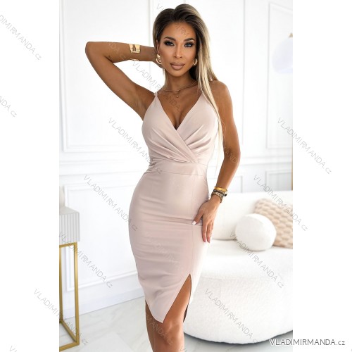 555-1 Elegantný midi dress s neckline and leg slit - beige