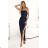 483-6 DIANE satin long dress with leg slit - navy blue color