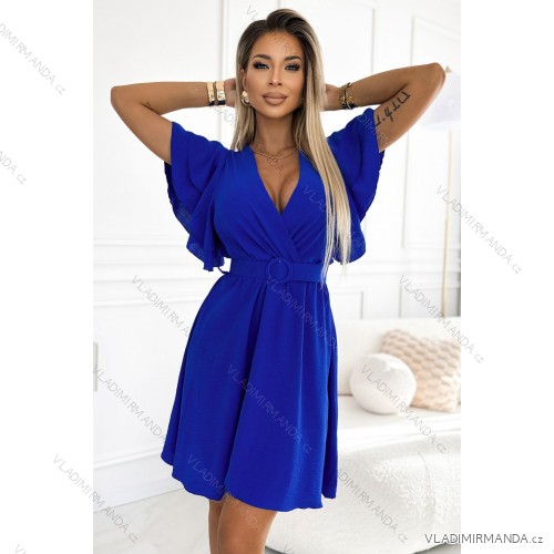 586-2 Women's dress s obálkou neckline, sleeves and belt - blue