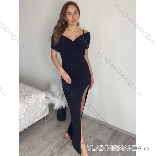 Šaty carmen dlouhé na ramínka elegantní saténové dámské (S/M/L ONE SIZE) ITALSKÁ MÓDA IMPBB252C2071/DUR čierna S/M/L
