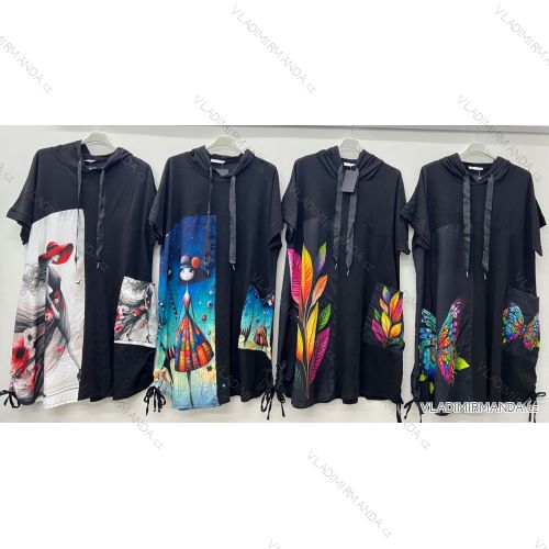 Šaty mikinové sťahovacie s vreckami krátky rukáv dámske nadrozmer (54/56/58 ONE SIZE) TALIANSKA MÓDA IM425147