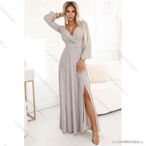 572-3 NELA lesklé dlhé šaty s výstrihom, dlhými rukávmi a rozparkom na nohavici - béžové