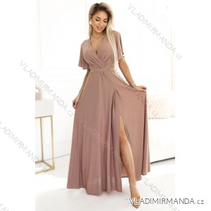 581-4 JENNIFER lesklé dlhé šaty s rukávmi a výstrihom - moka pena s trblietkami