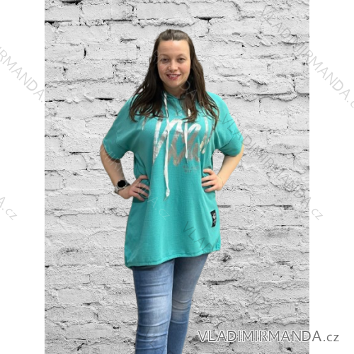 Tričko s kapucňou krátky rukáv dámske nadrozmer (54/56/58 ONE SIZE) TALIANSKA MÓDA IM425148/DUR modrá mintova 54/56/58