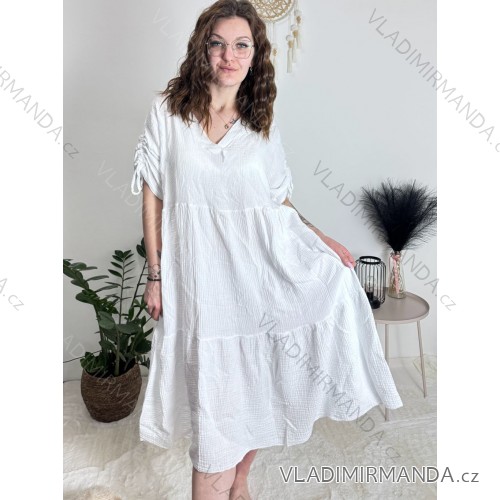 Šaty letný mušelín bavlnené rukáv dámske nadrozmer (50/52/54 ONE SIZE) TALIANSKA MÓDA IM425161/DUR bílá 50/52