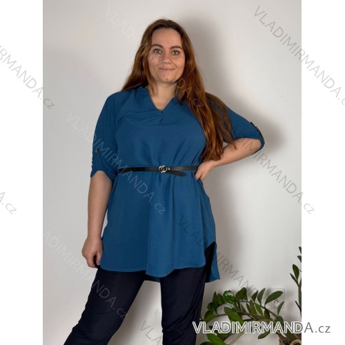 Tunika košeľová predĺžená s opaskom 3/4 dlhý rukáv dámska nadrozmer (50/52/54 ONE SIZE) TALIANSKA MÓDA IMC23034/DUR petrolejová 50/52