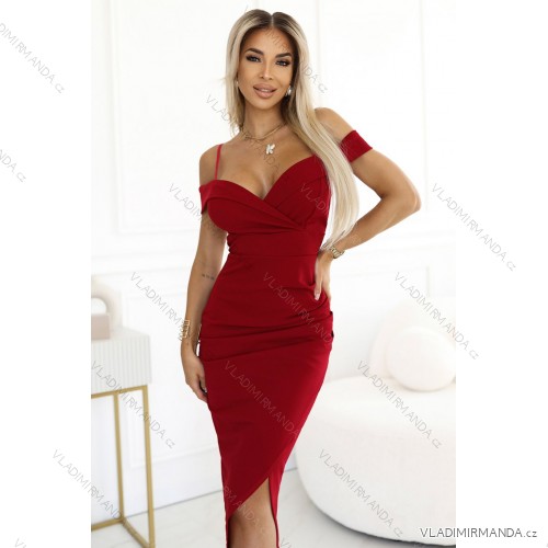 564-8 CALLIE Midi šaty bez ramienok s výstrihom - bordové