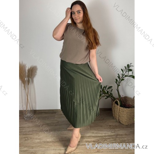 Sukňa dlhá skladaná s opaskom dámska nadrozmer (44/46/48 ONE SIZE) TALIANSKA MÓDA IM425MEDA/DUR 44/46/48 zelená khaki