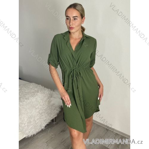 Šaty košeľové sťahovacie 3/4 dlhý rukáv dámske (S/M/L ONE SIZE) TALIANSKA MÓDA IMC25166/DUR khaki S/M/L
