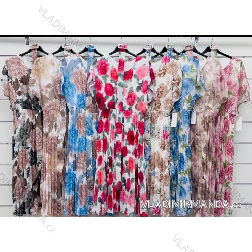 Šaty dlhé šifónové kvetované s opaskom krátky rukáv dámske (S/M/L ONE SIZE) TALIANSKA MÓDA IMWCP25815