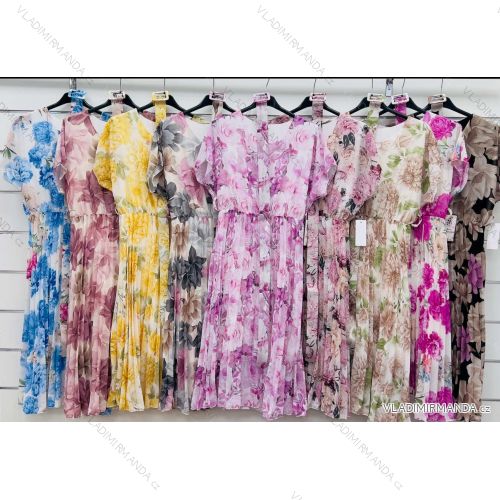 Šaty dlhé šifónové kvetované s opaskom krátky rukáv dámske (S/M/L ONE SIZE) TALIANSKA MÓDA IMWCP25816